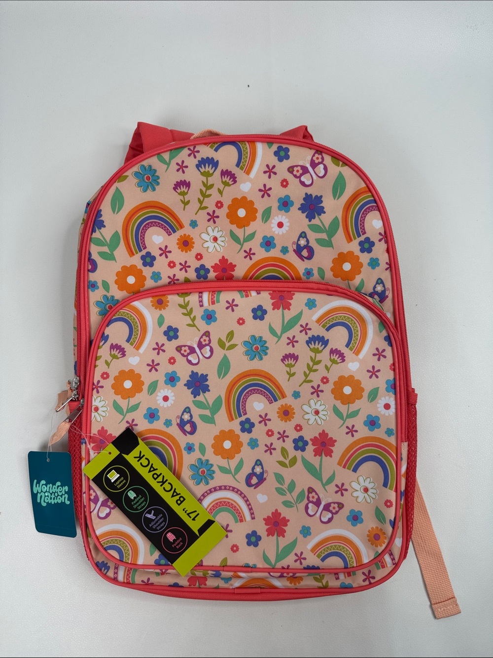 wonder nation Pink Coral Floral & Rainbow Kids Backpack 17” New NWT